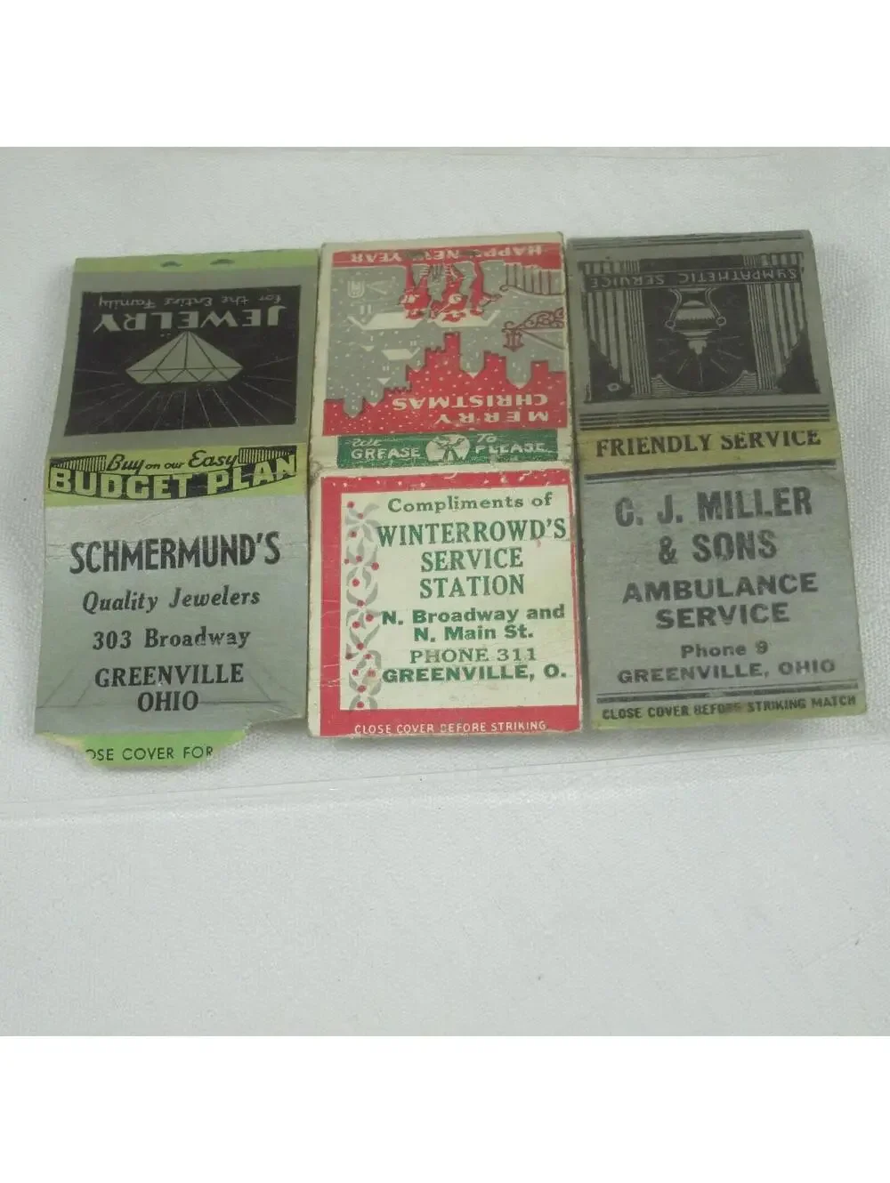 3 Vintage Matchbook Covers Greenville Ohio Jewelers, Services Station, Ambulance